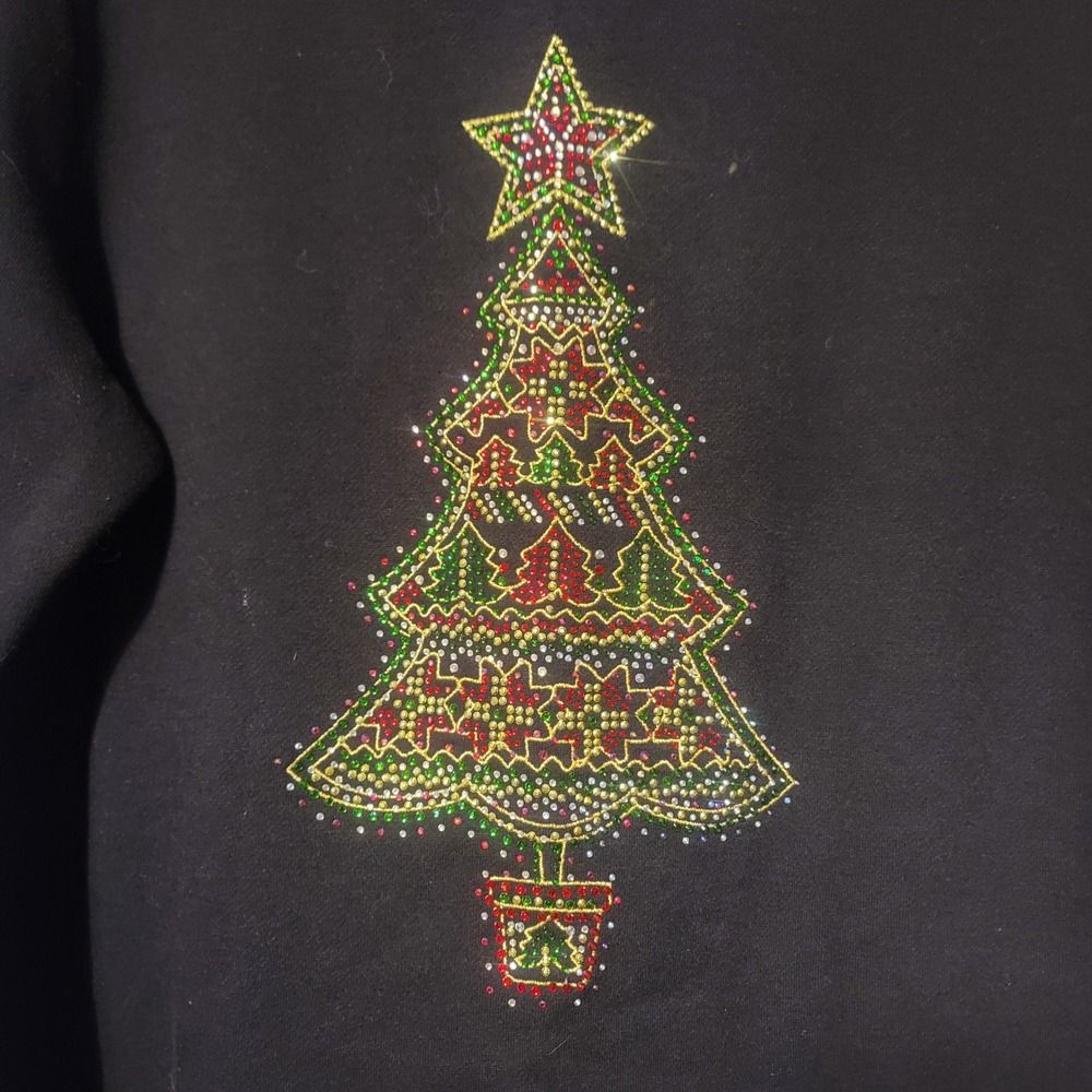 Quacker Factory Jeanne Bice Christmas Tree Rhinestone Sweatshirt Black Large